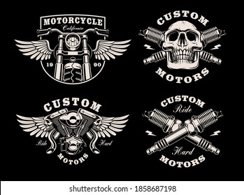 Un conjunto de emblemas de motocicleta en blanco y negro sobre fondo oscuro