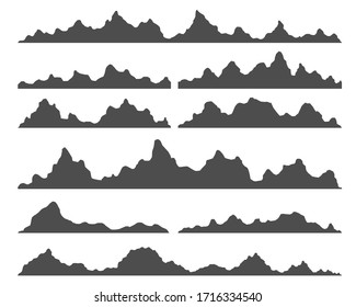 Set of black and white mountain silhouettes. Silhouettes of the mountains, highlands, rocky landscapes, hills on white background. Vector set of outdoor design elements. Vector illustration, eps 10.