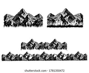 Set of black and white mountain. Silhouettes of the mountains, highlands, rocky landscapes, hills on white background. Vector set of outdoor design elements.