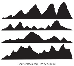 Set of black and white mountain silhouettes landscape wallpaper background. Rocky Peaks logo hand drawn mountains icon collection. Vintage sketch sunset mountains range various shapes vector design