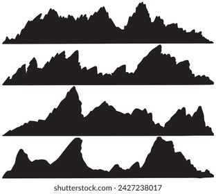 Set of black and white mountain silhouettes landscape wallpaper background. Rocky Peaks logo hand drawn mountains icon collection. Vintage sketch sunset mountains range various shapes vector design