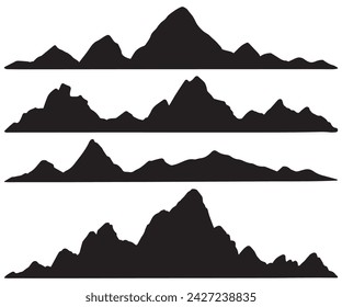 Set of black and white mountain silhouettes landscape wallpaper background. Rocky Peaks logo hand drawn mountains icon collection. Vintage sketch sunset mountains range various shapes vector design