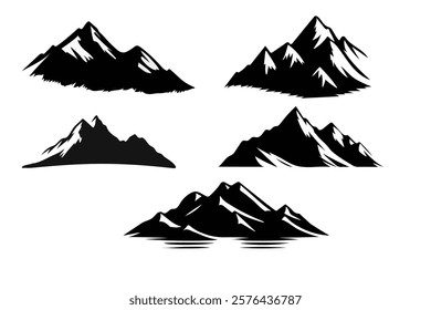 Set of Black and White Mountain Silhouettes