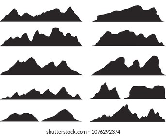 Set of black and white mountain silhouettes.Background border of rocky mountains.