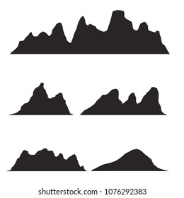 Set of black and white mountain silhouettes.Background border of rocky mountains.