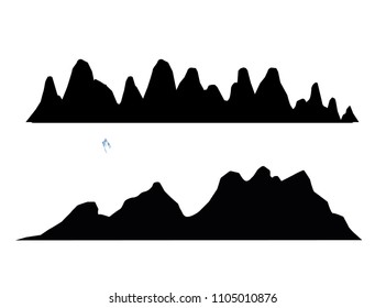 Set of black and white mountain silhouettes.Background border of rocky mountains.