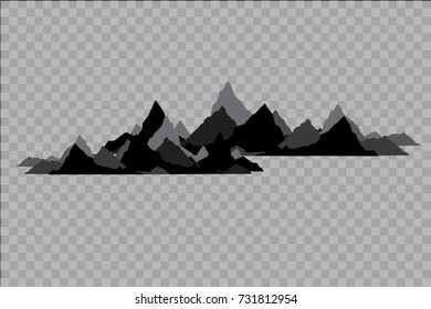 Set of black and white mountain silhouettes.Background border of rocky mountains.Vector illustration on the transparent background.