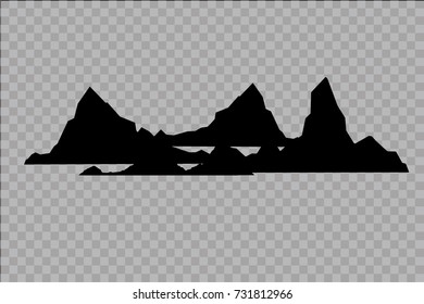 Set of black and white mountain silhouettes.Background border of rocky mountains.Vector illustration on the transparent background.