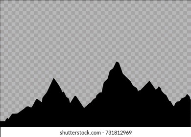 Set of black and white mountain silhouettes.Background border of rocky mountains.Vector illustration on the transparent background.