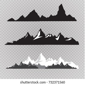 Set of black and white mountain silhouettes.Background border of rocky mountains.Vector illustration on the transparent background.