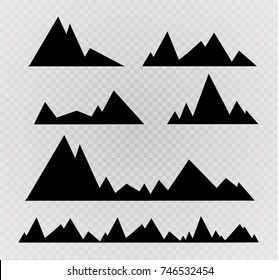 Set of black and white mountain silhouettes.Background border of rocky mountains.Vector illustration on the transparent background