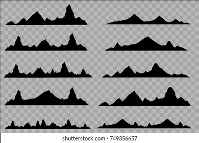 Set of black and white mountain silhouettes.Background border of rocky mountains.Vector illustration on the transparent background.