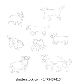 Set of black and white multiple breed dogs, corgi, retriever, shepherd, terrier, spaniel. Isolated on white background. Flat style cartoon stock vector illustration.
