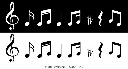 Conjunto de iconos de notas musicales en blanco y negro que incluyen claves de agudos, símbolos afilados y notas de cuarto en un estilo minimalista.