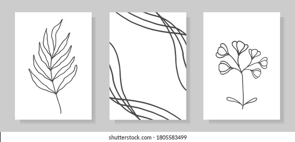 Set of black and white mysterious tropical plants and abstract leaves in line art style, hand drawn. Suitable for postcards, posters, stories on social networks.