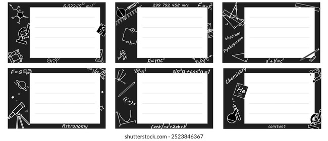 Conjunto de pegatinas de nombre de cuaderno en blanco y negro con diferentes Elementos de ciencia. Ilustración vectorial de útiles escolares. Etiquetas.