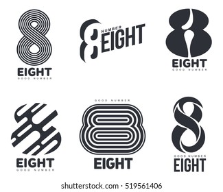 Set of black and white number eight logo templates, vector illustrations isolated on white background. Black and white graphic number eight logo templates - technical, organic, abstract