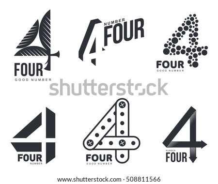 Set of black and white number four logo templates, vector illustrations isolated on white background. Black and white graphic number four logo templates - technical, organic, abstract