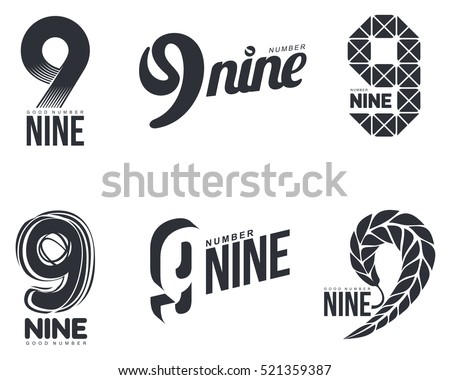 Set of black and white number nine logo templates, vector illustrations isolated on white background. Black and white graphic number nine logo templates - technical, organic, abstract