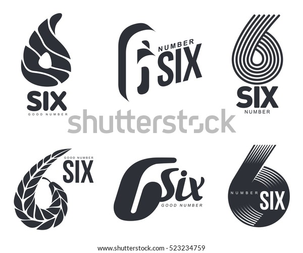 Set of\
black and white number six logo templates, vector illustrations\
isolated on white background. Black and white graphic number six\
logo templates - technical, organic,\
abstract