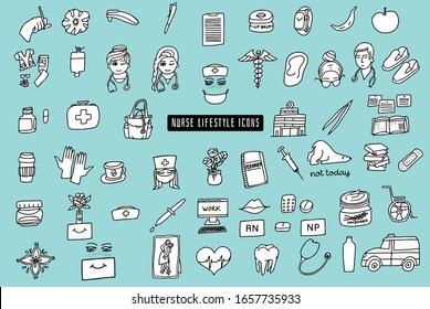 Set of black and white nurse lifestyle icons. Doodle vector hand drawn illustration, isolated on a green background. Includes stethoscope, study books, scrubs kit, dropper, pharmacy icons and more.
