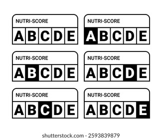 Set of black and white Nutri Score sign illustrations for labeling. A collection of icons displaying nutritional grades from A to E, perfect for food product labeling, nutrition, health, and industry