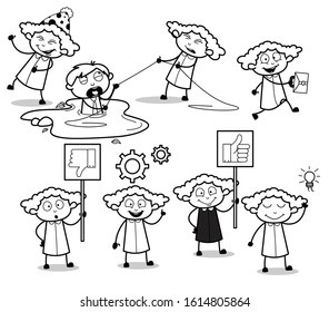 Set of Black and White Office Lady - Set of Concepts Vector illustrations