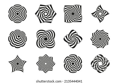 Set of Black and White Opt Art elements. Abstract 3d optical illusion. Geometric Abstract Hypnotic opt art. Vector illustration