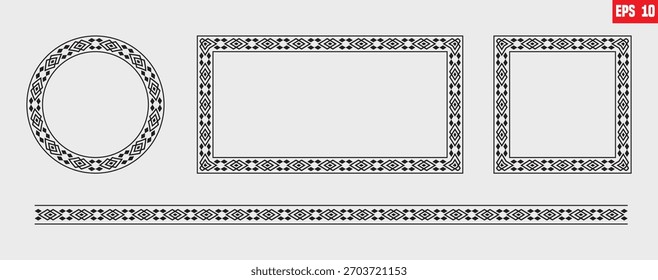 Conjunto de marcos de borde ornamentales en blanco y negro en varias Formas. La colección incluye un marco circular, un marco rectangular, un marco cuadrado y un borde de línea recta.