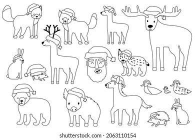 Set of black white outline Christmas animals in Santa hats, Santa Claus happy face. Cartoon isolated vector fox wolf bear bear cub elk deer fallow deer hedgehog hare duck duckling lynx horse wild boar