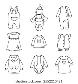 a set of black and white outline drawings of children's clothing, hand drawn in a cartoon style.