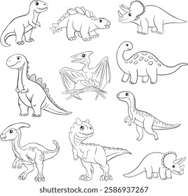 set of black and white outline drawings, dinosaur coloring book Vector illustration