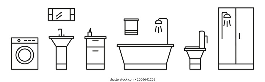 A set of black and white outline icons showing various bathroom and laundry items, including a bathtub, sink, and washing machine.