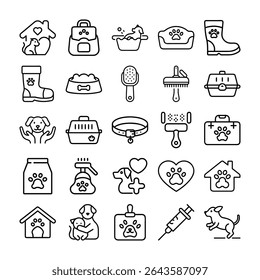 A set of black and white outline icons representing various aspects of pet care and pet ownership, arranged in a grid.