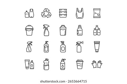 A set of black and white outline icons depicting various plastic items, including bottles, bags, containers, sprayers, and other objects, all rendered in a minimalist style.