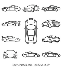 A set of black and white outline illustrations displaying various sports car models from multiple angles, including top, front, and side views for design.