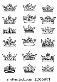 Set of black and white outline imperial and royal crowns, decorated with gemstones, symbol of monarchy or superiority, isolated on white