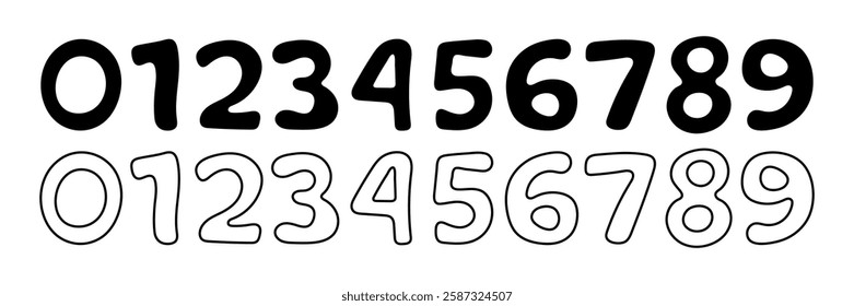 Set of black and white and outline numbers on a white background. Arithmetic, date, numbers from 0 to 9.  Numbers for logos, badges, postcards, posters, prints, school education.