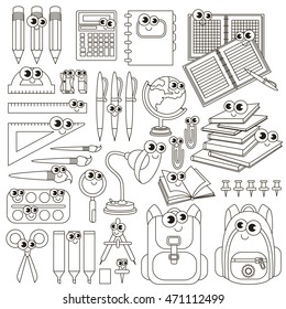 Set of black and white outline office supplies. Coloring book page.