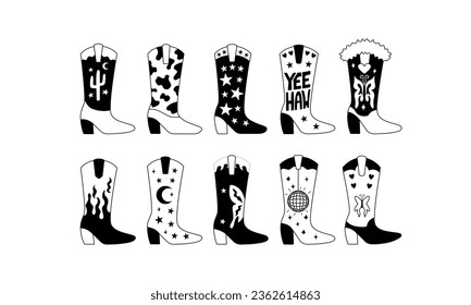 Conjunto de contorno blanco y negro de varias botas de vaquero. Ilustración vectorial en el fondo aislado. Silvestre clipart occidental