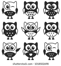 set of black and white owls 