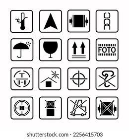 A set of black and white packaging symbols on a white background. Conformity signs, handling signs, environmental signs, box warning signs, infographics.