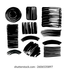Set of black and white paint splashes, brushes, and brush strokes in a simple vector illustration for business and design use