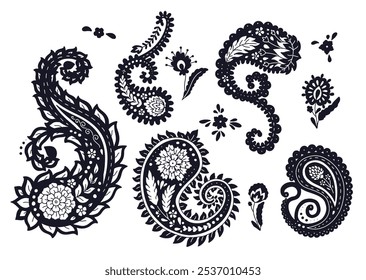 Set of black and white paisley motifs isolated on white background. Indian style monochrome design elements