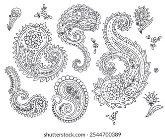 Conjunto de motivos paisley en blanco y negro aislados sobre fondo blanco. Elementos de diseño monocromáticos de estilo indio