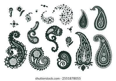 Conjunto de motivos de silueta paisley en blanco y negro aislados sobre fondo blanco. Paquete de Elementos de diseño monocromáticos de estilo indio