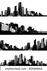 Set of black and white panorama cities. Vector art