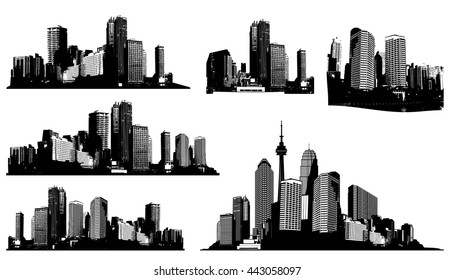 Set of black and white panorama cities. Vector art