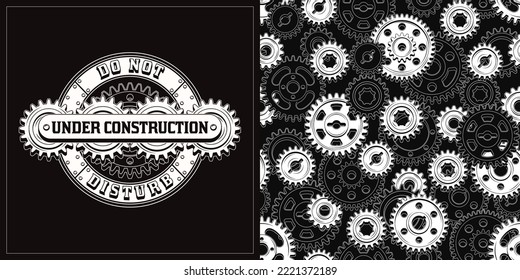 Set of black and white pattern, logo with gears, rivets, text in steampunk style. For T-shirt, clothing, fabric, surface design