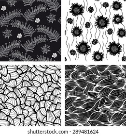 Set of black and white patterns seamlessly tiling. Can be used for wallpaper, pattern fills, web page background, surface textures, textile. 